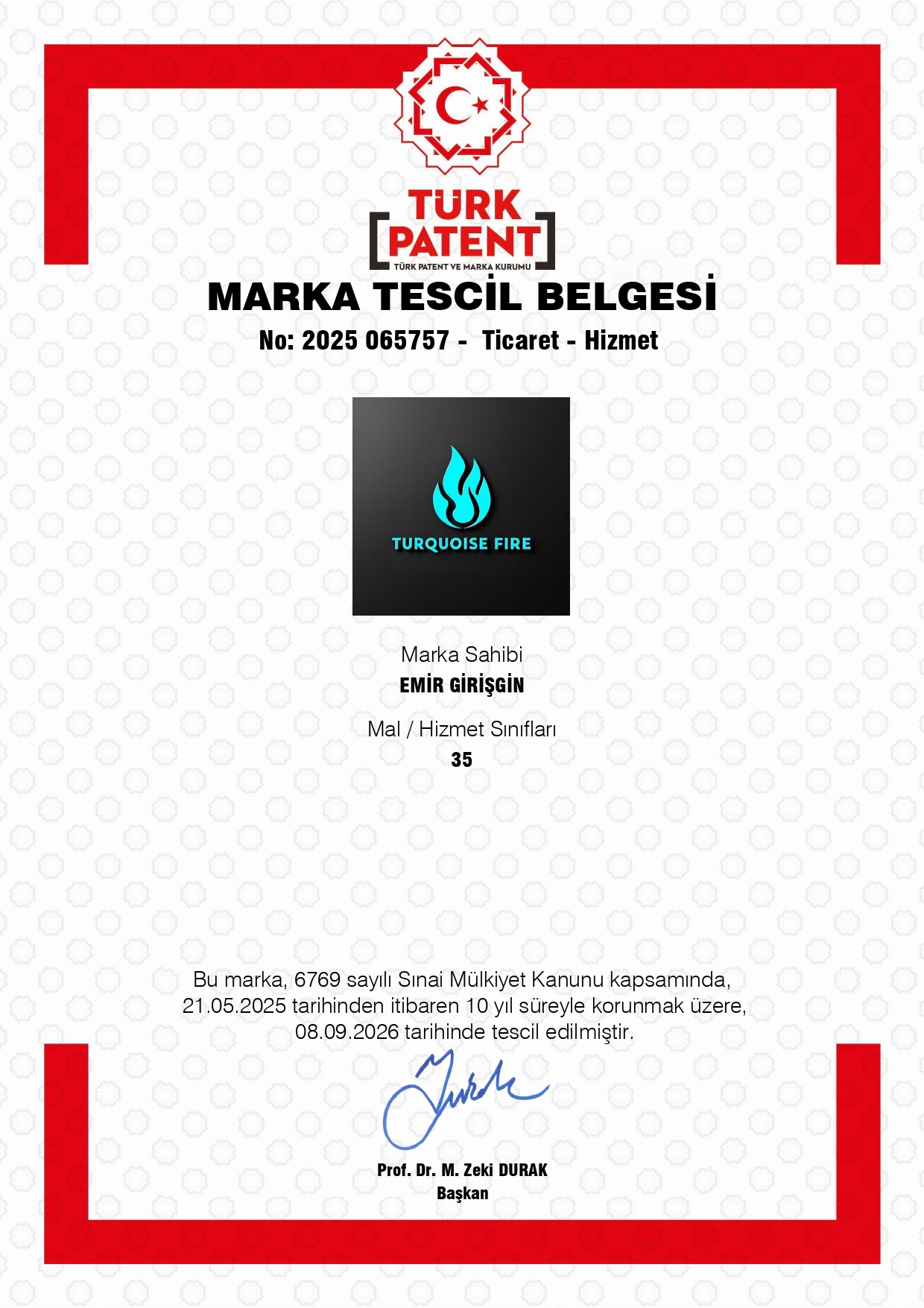 Turquoise Fire marka tescil belgesi